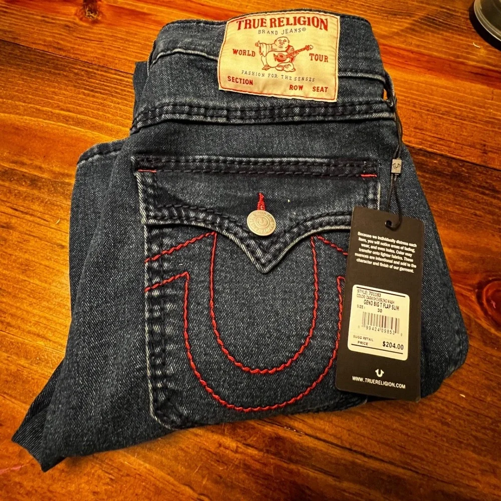True Religion 30W 32L Geno Big T Flap Slim Mens Dark Shivering Wash New Red Stch